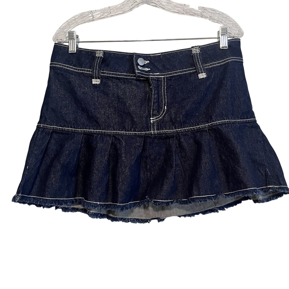 BDG Denim Mini Skirt Womens Y2K Blue Jean Pleated Ruffle Raw Hem Size M